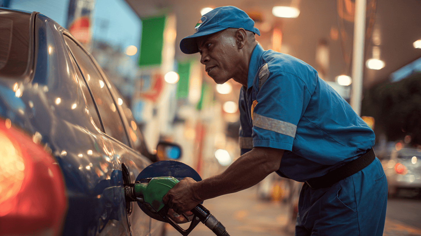 Frentista abastecendo um carro em um posto de combustível