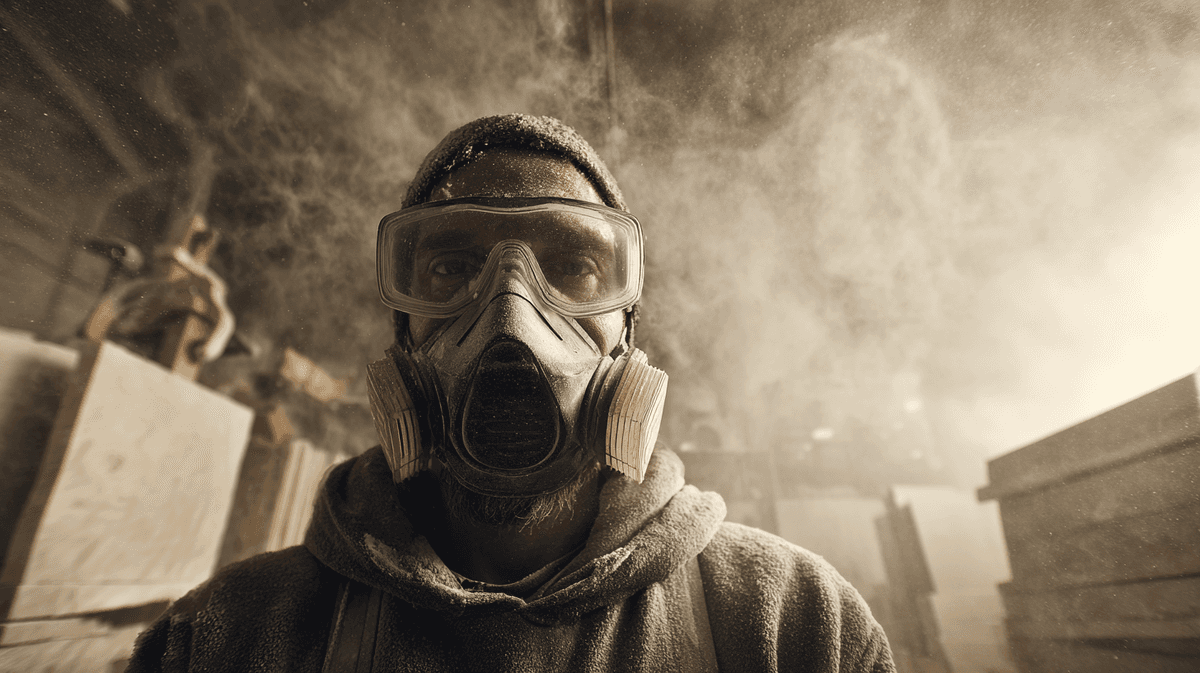 Trabalhador utilizando máscara e óculos com poeira de pedra artificial em volta