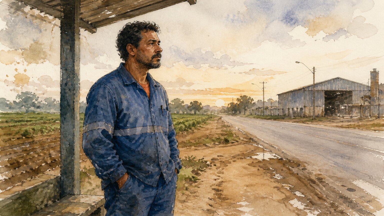 Aquarela de trabalhador brasileiro de uniforme em ponto de ônibus entre a estrada de terra e a rua asfaltada — soma de tempo rural e urbano